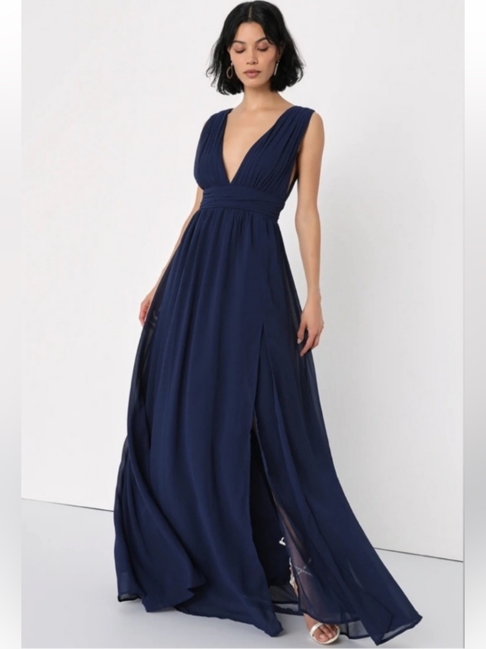LULUS Navy Chiffon Plunge Neck Princesscore Wedding Guest Formal Goddess Gown S - Picture 2 of 12